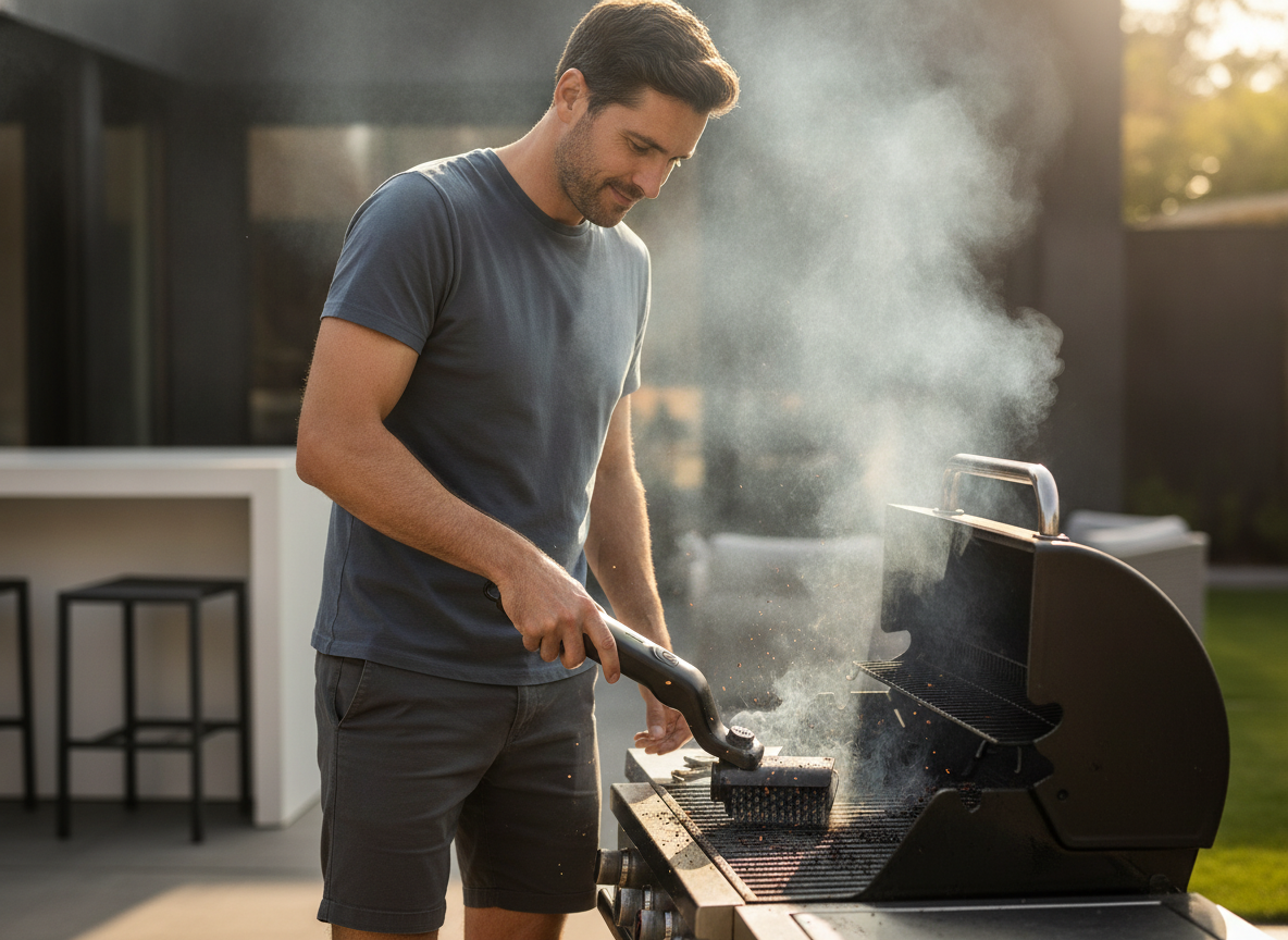 Man in a modern backyard cleaning a hot grill with a GrillBrusher Fold Pro 2nd Gen, steam rising.