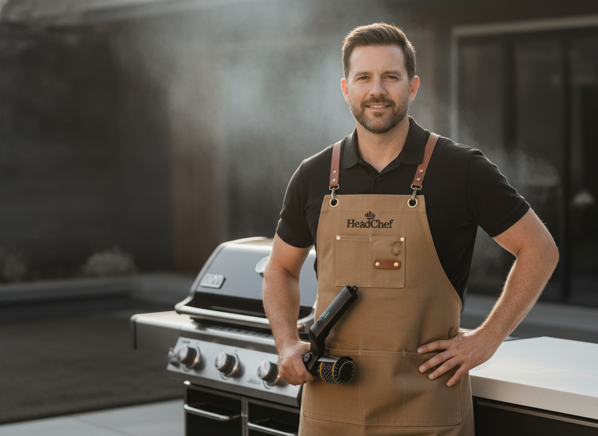 A confident man in a canvas HeadChef Apron stands next to a high-end grill, holding the GrillBrusher Fold Pro™ 2nd Gen.