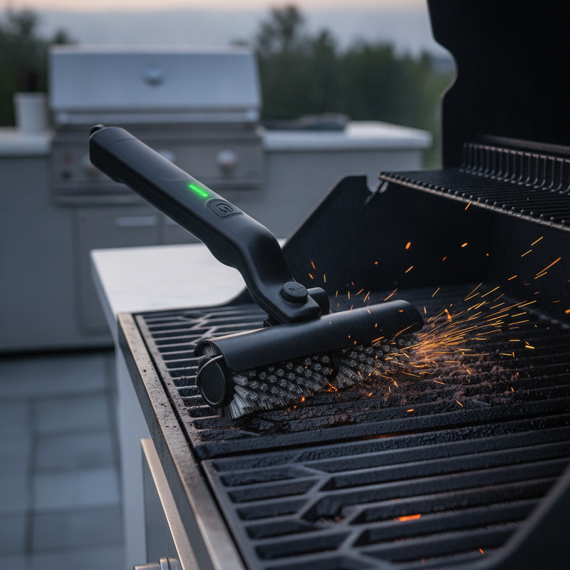 A GrillBrusher Fold Pro 2nd Gen grill brush cleaning a hot grill grate, showing a perfect sear on the grates.