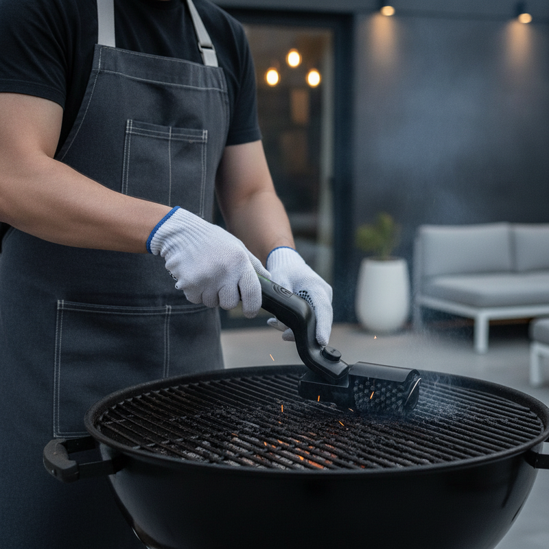 Pitmaster cleaning a hot grill with the GrillBrusher Fold Pro 2nd Gen, showcasing its folding design.