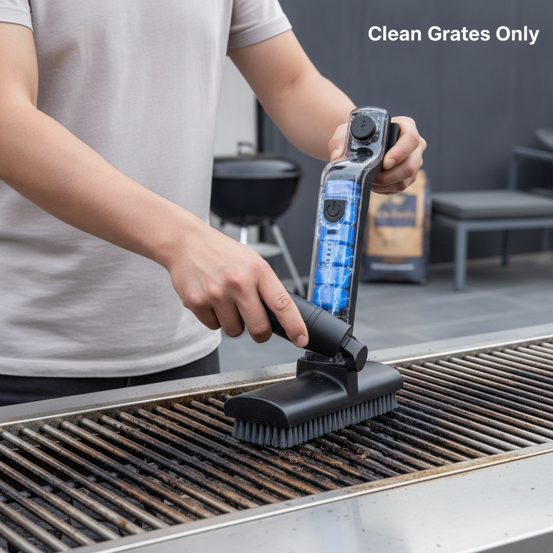 A close-up of the GrillBrusher Fold Pro 2nd Gen in use, cleaning grill grates. A person's hand holds the brush, demonstrating